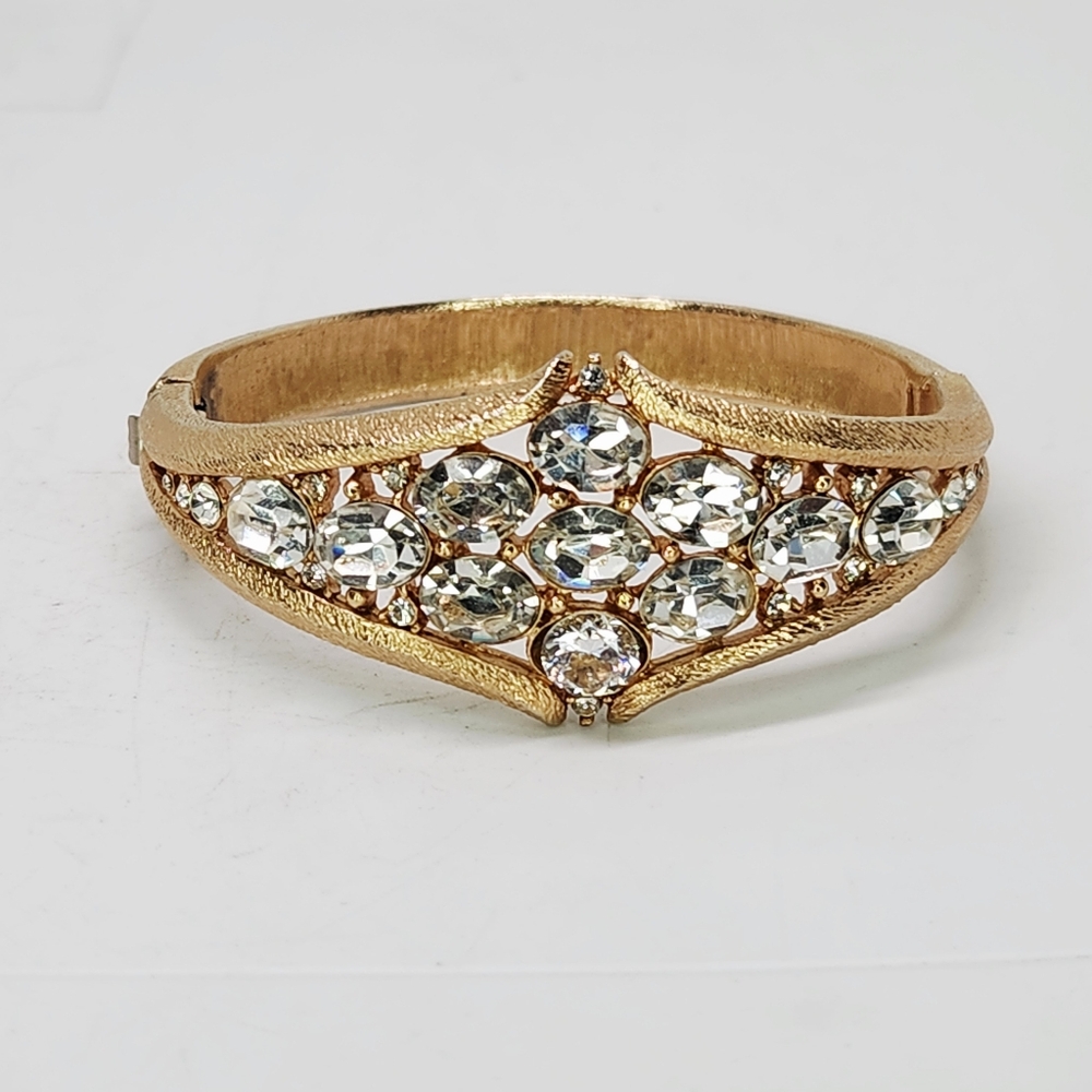 Vintage Gold Tone 50s Rhinestone Crystal Cluster Clamper Bracelet Glam Pinup